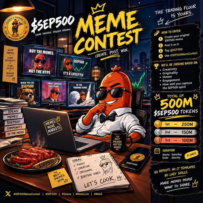 A vibrant promotional poster for the '$SEP500 MEME CONTEST' featuring a cartoon sausage character wearing sunglasses, advertising 500M $SEP500 tokens in prizes, with entry instructions and a 7-day duration.