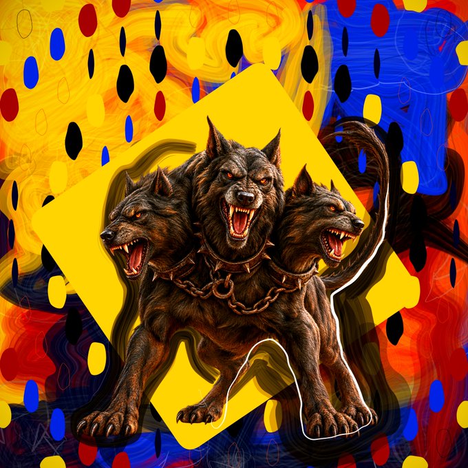 A stylized digital illustration of a three-headed black guard dog with spiked collars, set against a yellow background with red and blue paint-like drips.