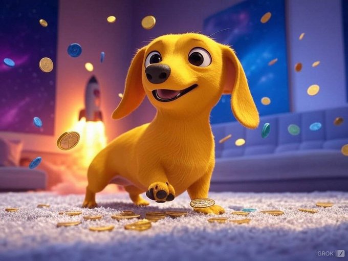 An animated image from GROK showing a yellow cartoon dog happily running through a room filled with gold and blue coins.