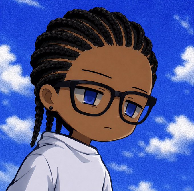 An anime-style illustration of a young person with dark braided hair, glasses, and a white shirt against a blue sky with clouds.