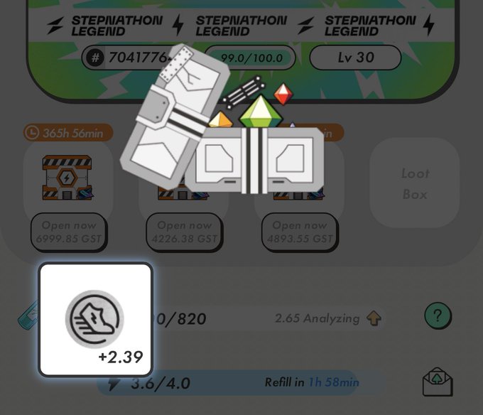 StepNathon Legend game screen showing user #7041776 at Lv 30 with 99.0/100.0 progress, 365h 56min playtime, and various energy/luck boxes available to open.