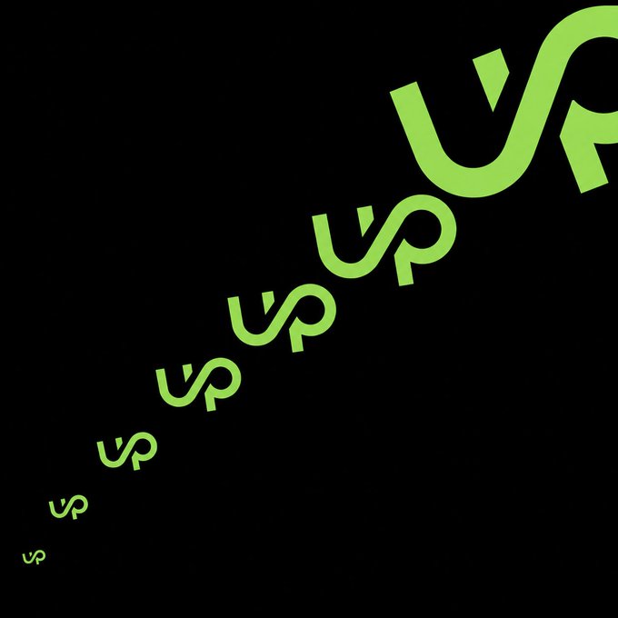 The image displays a series of "UP" text logos in bright green, arranged diagonally from small at the bottom-left to large at the top-right against a black background, visually reinforcing the "There's only one way. UP" message with an escalating, growth-oriented design.