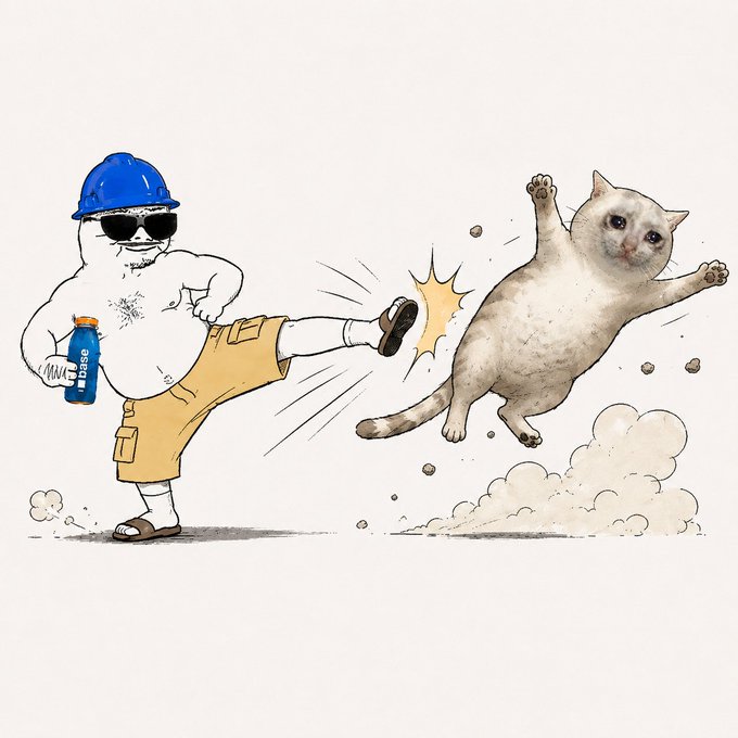 A muscular cartoon figure wearing a blue "BASE" cap, sunglasses, and holding a blue bottle kicks a wide-eyed white cat through the air, with the bottle labeled "BASE" matching the post's mocking jab at BaseUnc being a "big fuck you to Base" before its 4 UTC mint on opensea.io/collection/bas.