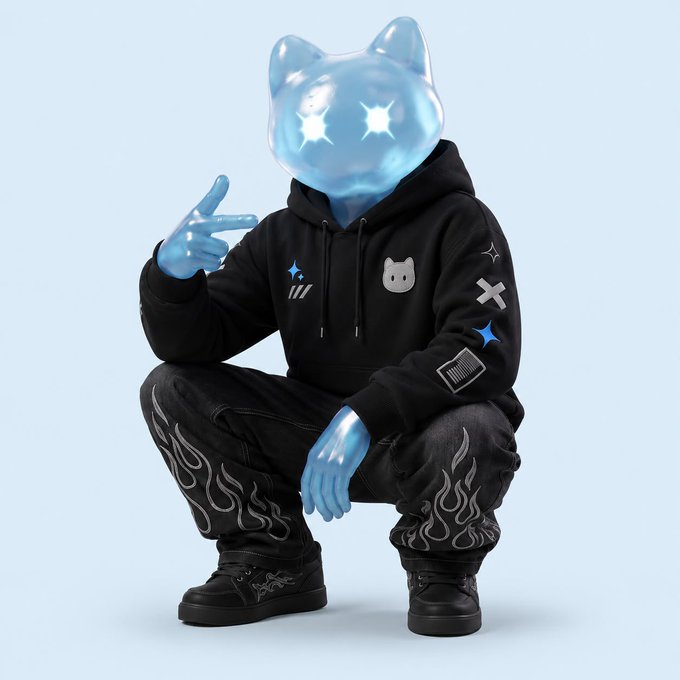 A glossy blue cat-like figure wearing a black hoodie with star and cat patches crouches against a pale background, flashing a peace sign. The sleek, futuristic aesthetic pairs well with the post's mention of NFTs and bridging to "stable," evoking the stylized branding associated with projects like TheUnstableNFT.