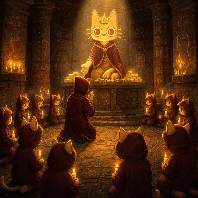 A whimsical fantasy illustration of a crowned cat king sitting on a golden throne surrounded by piles of gold coins, while robed cat followers hold candles in a candlelit stone temple.