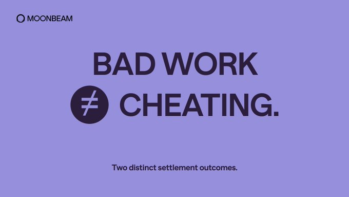 A promotional graphic for Moonbeam Protocol featuring the heading "BAD WORK ≠ CHEATING." with "≠" inside a dark circle, accompanied by the tagline "Two distinct settlement outcomes." on a purple background, visually reinforcing the protocol's distinction between rejection and a formal cheating ruling in its arbitration system.