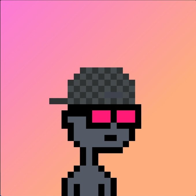 A pixel art character wearing a cap and pink sunglasses is centered against a pink-to-orange gradient background. The image's minimalist NFT-style portrait complements the caption's enthusiastic declaration of loving NFTs.