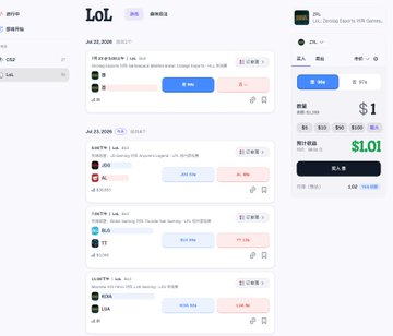 The image shows a Crypto.com interface displaying League of Legends (LoL) esports betting markets, with matches like "Monswag CEO defeats Vantave College Esports vs. PTGG" available for trading at prices around $0.10-$0.50, alongside a balance of $1.01 in rewards.

This relates to the post by showing the integration of LOL esports markets into the Binance Wallet, where the user notes that pre-match liquidity and points rewards (like the 250 KOGE example shown) make these markets attractive alternatives to the limited offerings on Predict.fun.