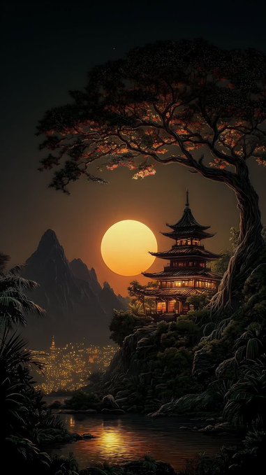 Serene night scene featuring a traditional pagoda beneath a glowing tree and large moon, overlooking a lit city in the distance.