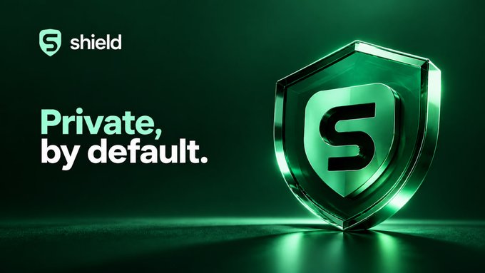 A promotional image for 'shield' featuring a glowing green shield logo with an 'S' in the center and the text 'Private, by default.' on a dark background.