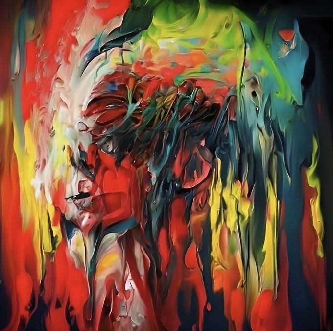 An abstract, expressionist painting featuring a chaotic swirl of vibrant red, green, yellow, and dark blue hues that vaguely suggest a distorted face or figure.