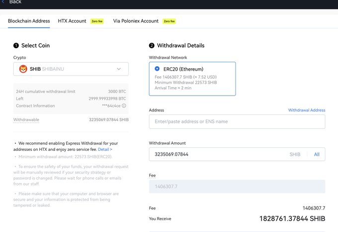 A cryptocurrency withdrawal interface for SHIB (SHIBAINU) via HTX Account shows a withdrawal of 3235069.07844 SHIB with details like 'ERC20 (Ethereum)' and 'Minimum Withdrawal 22573 SHIB'.