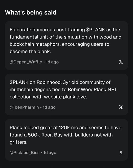 A dark-themed social media feed titled 'What's being said' displaying posts about '$PLANK', mentioning 'Robinhood', 'RobinWoodPlank NFT collection', and a '500k floor'.