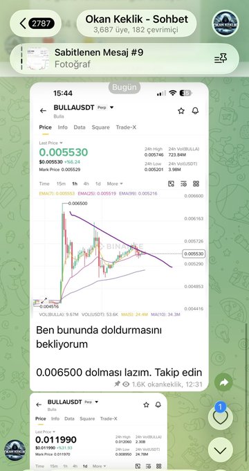 This image shows a "before and after" comparison of the BULLAUSDT cryptocurrency price, with the top screenshot showing a price of 0.005530 and a prediction to reach 0.006500, while the bottom screenshot shows the price having risen to 0.011990.