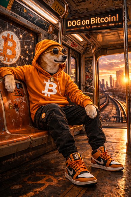 An anthropomorphic Shiba Doge (DOGE) in a Bitcoin hoodie and sunglasses sits on a graffiti-covered subway train with a digital sign reading 'DOG on Bitcoin!'.