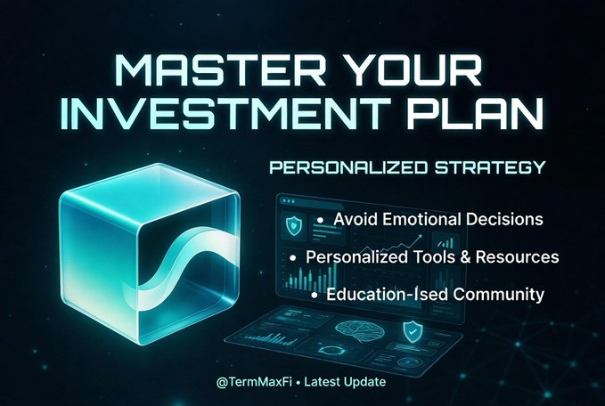 A futuristic blue digital graphic features a glowing cube with a wave symbol alongside a dashboard interface, promoting the message "MASTER YOUR INVESTMENT PLAN" with "PERSONALIZED STRATEGY" benefits including avoiding emotional decisions, personalized tools, and an education-focused community, credited to "@TermMaxFi • Latest Update"—visually reinforcing the post's theme of replacing emotional investing with a structured, strategic approach.