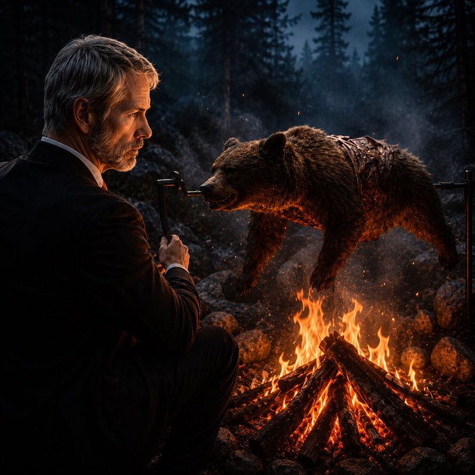 A bearded man in a dark suit kneels by a crackling campfire in a shadowy forest, calmly holding a tool while a wounded bear stands nearby, embodying the raw tension of "getting back to nature."