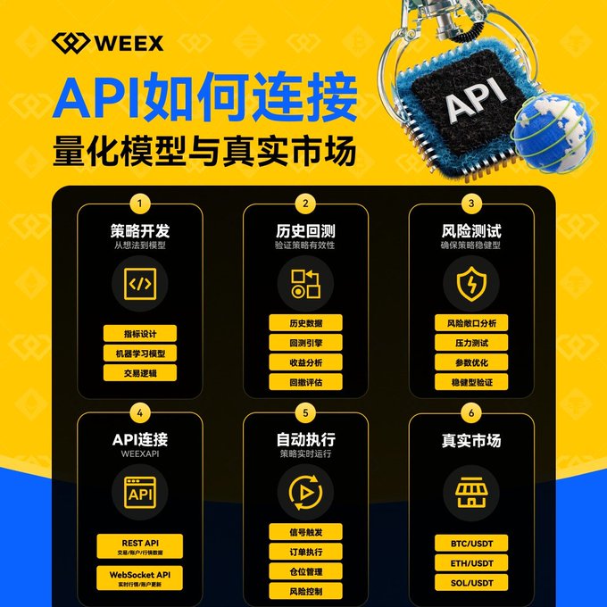 A promotional graphic for WEEEX explaining 'API如何连接量化模型与真实市场' (How API connects quantitative models and the real market), detailing a 6-step process including strategy development, historical backtesting, risk testing, API connection, auto execution, and real market with trading pairs like BTC/USDT.