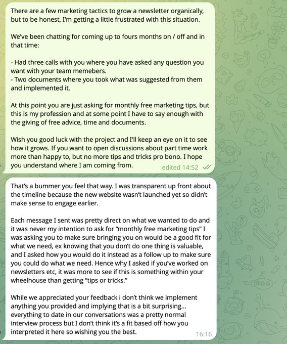 A screenshot of a WhatsApp conversation where a marketing professional expresses frustration over providing free advice for four months, and the recipient responds by clarifying they were not seeking free tips but rather evaluating a fit for a future role, ultimately wishing them well.