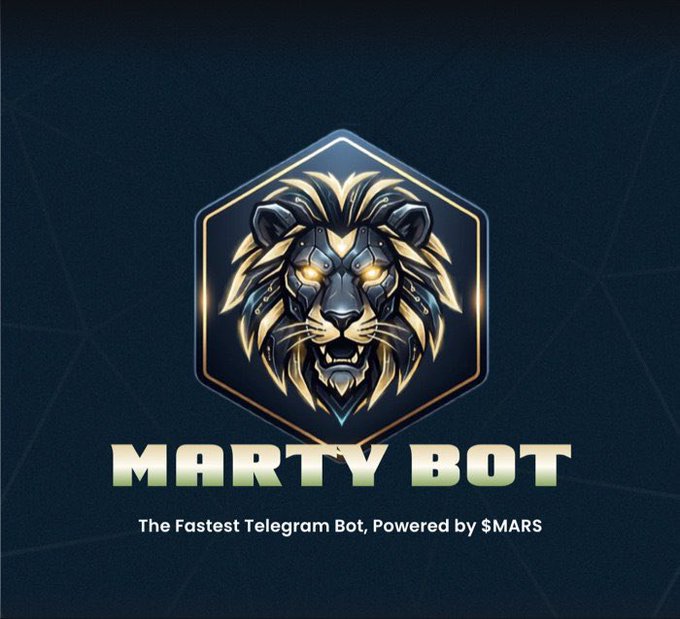 A promotional graphic features a golden mechanical lion head in a hexagonal frame with the text "MARTY BOT - The Fastest Telegram Bot, Powered by $MARS".