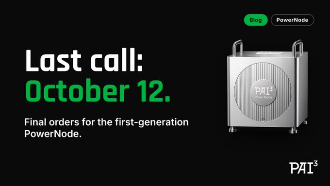 A promotional advertisement for PAI³'s PowerNode announcing a 'Last call: October 12.' for final orders of the first-generation PowerNode, showing a metallic cubic device.