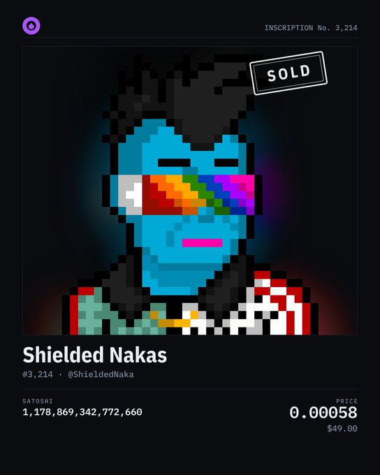 A digital collectible listing showing a pixel art character named 'Shielded Nakas' (#3,214) with a 'SOLD' stamp, priced at 0.00058 ($49.00).