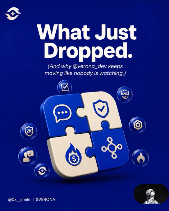 A promotional graphic titled 'What Just Dropped.' featuring a puzzle-piece logo and mentions '@verona_dev', with the handle '@0x_smile | $VERONA' at the bottom.