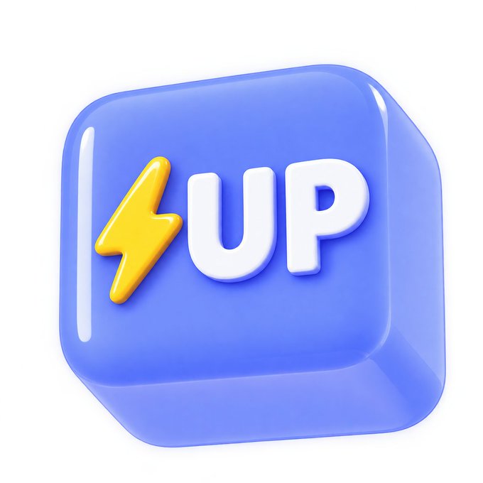 A glossy 3D-rendered blue cube icon displaying the word '1UP' in white letters alongside a yellow upward-pointing arrow.