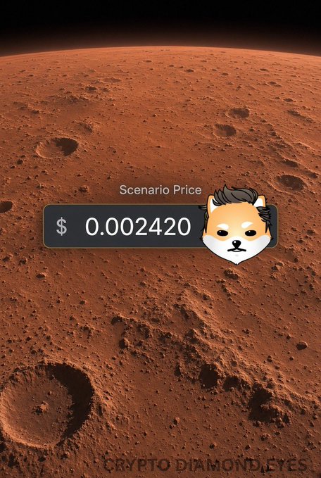 A Martian landscape graphic displaying a 'Scenario Price' of '$ 0.002420' next to a Doge-style shiba inu mascot with a human-like hairstyle, watermarked 'CRYPTO DIAMOND EYES'.