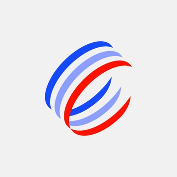 A minimal red, light blue, and dark blue circular logo appears centered on a pale background.