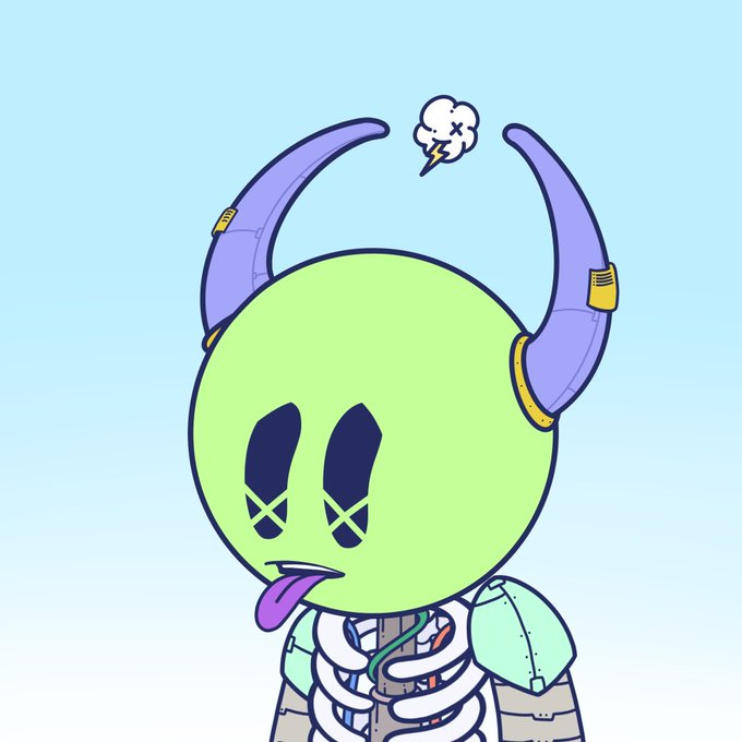 A cartoon illustration of a green alien with X-shaped eyes, its tongue sticking out, wearing purple and gold headgear and cybernetic armor, with a small thought bubble above.