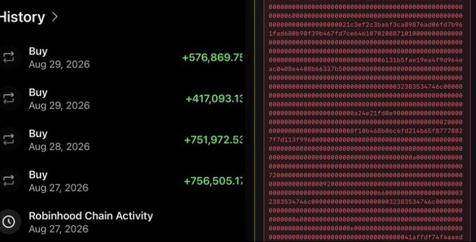 The image shows a transaction history displaying multiple "Buy" entries dated Aug 27-29, 2026 with large token amounts (over 417,000 to 756,000) alongside a visible hash string starting with "00000000000000000000000021c3ef2c3b". This appears to be Robinhood Chain activity showing substantial purchases of the $Broke token, humorously supporting the post's claim that the BrokeStonkers creator is accumulating more tokens at "broke" prices.