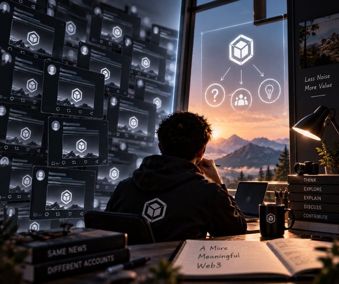A conceptual image showing a person at a desk facing a window with a sunset view, surrounded by floating screens displaying cube icons, with notebooks labeled 'THINK, EXPLORE, EXPLAIN, DISCUSS, CONTRIBUTE' and text including 'A More Meaningful Web3' and 'SAME NEWS DIFFERENT ACCOUNTS'.