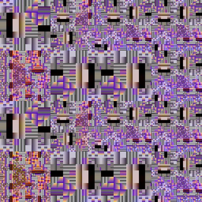 An abstract digital image featuring a grid of small, blocky squares in purple, black, white, and gray tones with a mosaic or pixelated appearance.