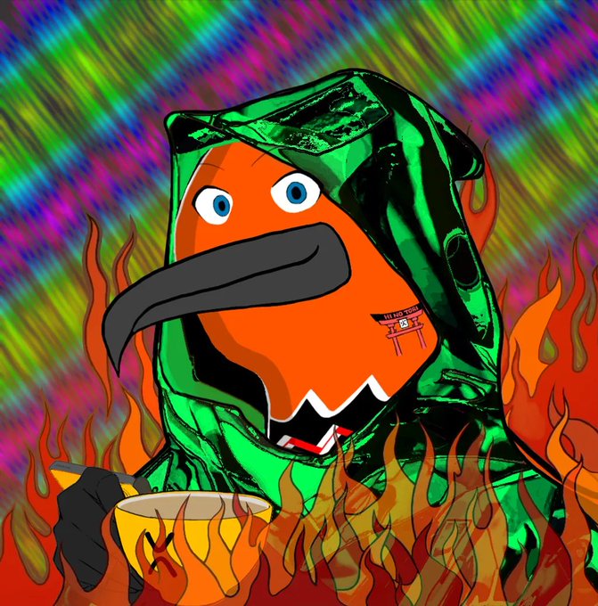 A colorful cartoon illustration of an orange bird-like character wearing a green hooded cloak, surrounded by flames, holding a yellow bowl/cup.