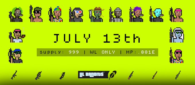 This image announces the "Lil Bandits" NFT drop on July 13th with a supply of 999, whitelist only, and a mint price of .001 ETH, aligning with the post's countdown and details about gameplay and trading.