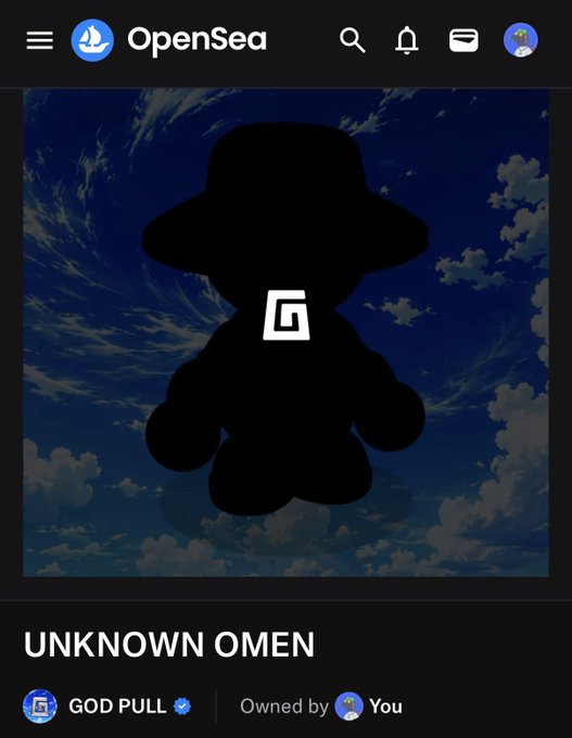 An OpenSea NFT listing for an item named 'UNKNOWN OMEN' from GOD PULL, owned by the user, displaying the same silhouette with the 'G' logo on a cloudy sky background.
