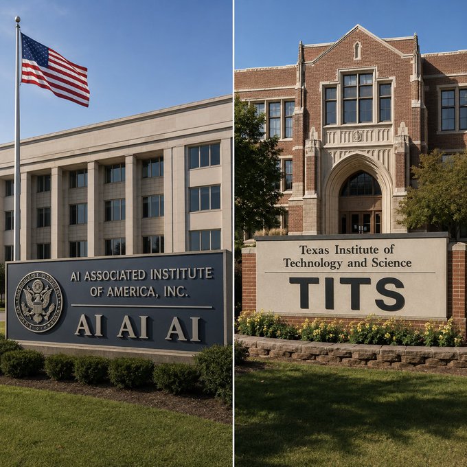 The image shows two buildings side by side with a sign that reads "Tôi đây là một Fan trung thành cấp cao của Elon Musk, Tesla, SpaceX, Starlink, Dogecoin, Grok". The first building is an American Institute of America (AI) sign with a flag flying on top. The second building has a brick facade and features a large arched doorway. Both buildings have the AI name displayed prominently in white letters above their respective signs.