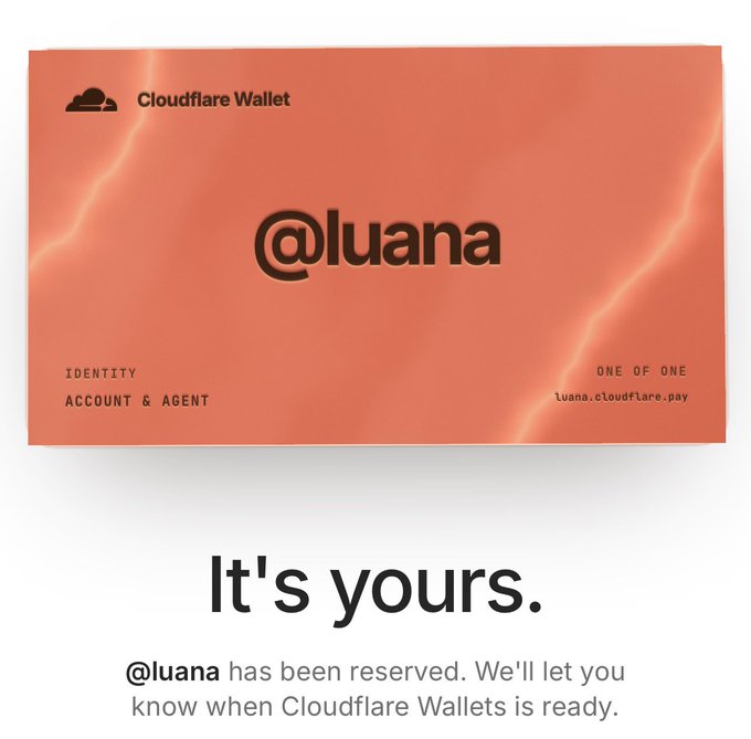 A Cloudflare Wallet reservation confirmation screen displaying the reserved username '@luana' on an orange card with the text 'It's yours.'