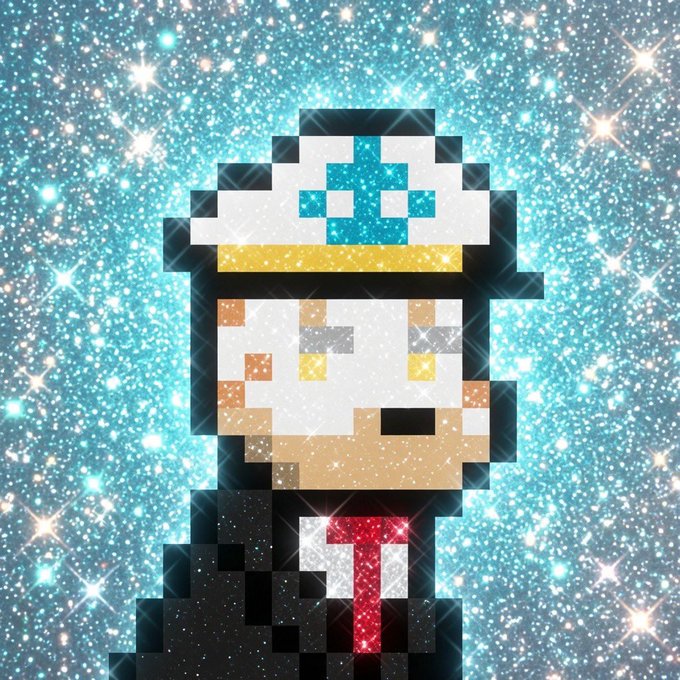 A pixel art character with a sailor hat, blonde hair, and a red tie, set against a sparkly blue starry background.