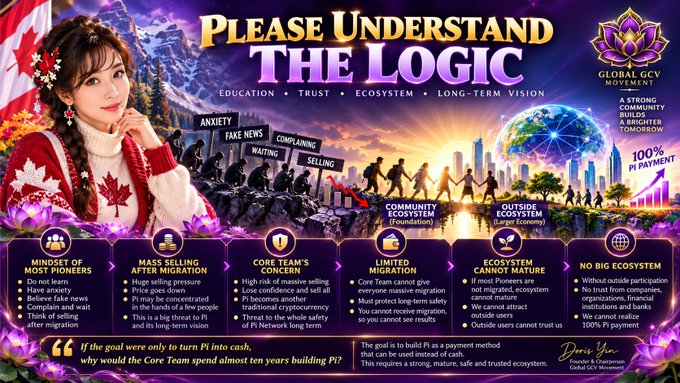 A promotional graphic titled "Please Understand the Logic" for Global GCV Movement, featuring a woman with a Canadian flag-themed design and six contrasting panels (e.g., "Anxiety vs. Community Migration," "Fake News vs. Outside Ecosystem") highlighting the "Mindset of Most Pioneers" versus GCV's approach, emphasizing themes of trust, education, and long-term vision with a quote about building PI (Pi cryptocurrency) over a decade.