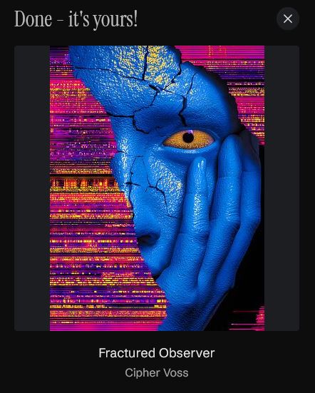 A blue, cracked face with a single yellow eye and hands covering part of it, set against a glitchy pink and black background, titled "Fractured Observer" by Cipher Voss. The image is a digital art piece just collected on objkt.com, as announced in the post.