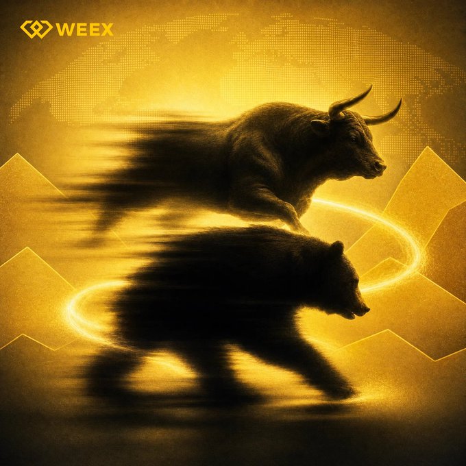 A charging bull and its motion-blurred afterimage leap forward against a glowing golden world map, encircled by a luminous energy ring, with the "WEEX" logo in the top-left corner. The dynamic imagery visually reinforces the post's message of momentum and opportunity in both crypto and stock trading on the WEEX platform.