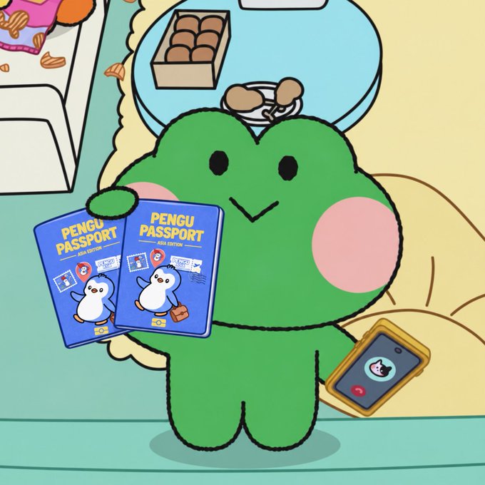 A cartoon green frog character holds two blue 'PENGU PASSPORT' booklets and a smartphone displaying an ongoing call, set in a room with snacks on a table in the background.