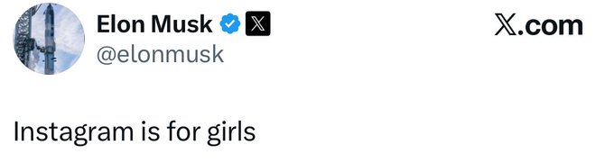 A screenshot of a tweet from Elon Musk (@elonmusk) on X.com, reading 'Instagram is for girls.'