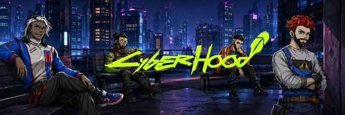 Promotional banner for 'CyberHood' featuring four animated characters with cyberpunk aesthetics sitting on a rooftop against a neon-lit cityscape at night.