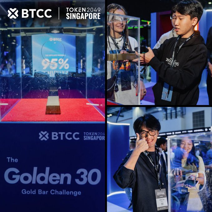 A collage of images from the BTCC TOKEN2049 SINGAPORE event, featuring 'The Golden 30 Gold Bar Challenge' with participants posing near gold bars in display cases.