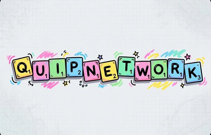 Colorful Scrabble-style tiles spelling out 'QUIPNETWORK' arranged horizontally on a graph-paper background.