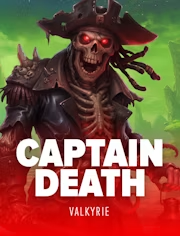 The image features a menacing skeletal pirate captain with glowing red eyes and a tattered hat, labeled "CAPTAIN DEATH" with "VALKYRIE" beneath it. This serves as an eye-catching visual tease, suggesting a $1,000 buy recommendation video for the Captain Death slot game by Valkyrie.