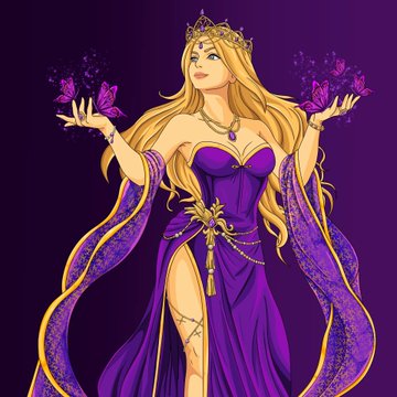 An illustration of a blonde queen/princess in an elegant purple gown with gold accents and a tiara, surrounded by purple butterflies against a dark purple background.